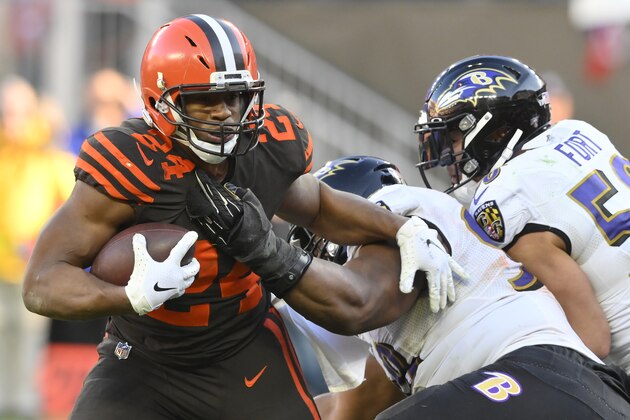 Cleveland Browns running back Nick Chubb (24) runs with the ball during an NFL football game against the Baltimore Ravens, Sunday, Dec. 22, 2019, in Cleveland. The Ravens won 31-15. (AP Photo/David Richard) Cleveland Browns running back Nick Chubb (24) runs with the ball during an NFL football game against the Baltimore Ravens, Sunday, Dec. 22, 2019, in Cleveland. The Ravens won 31-15. (AP Photo/David Richard)