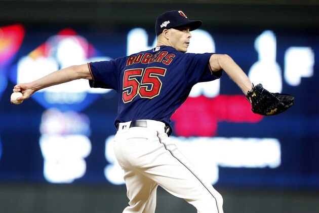 Minnesota Twins relief pitcher Taylor Rogers throws during the sixth inning in Game 3 of a baseball American League Division Series against the New York Yankees, Monday, Oct. 7, 2019, in Minneapolis. (AP Photo/Jim Mone)