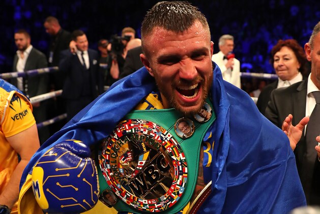 LONDON, ENGLAND - AUGUST 31:  Vasily Lomachenko celebrates after winning the WBA, WBO, WBC Lightweight World Title contest between Vasily Lomachenko and Luke Campbell at The O2 Arena on August 31, 2019 in London, England. (Photo by Richard Heathcote/Getty Images)