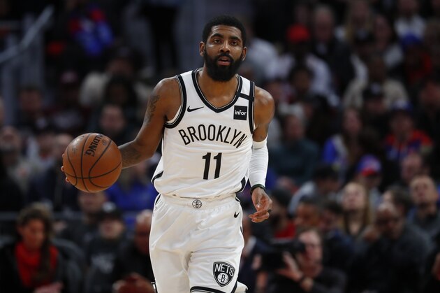 Brooklyn Nets guard Kyrie Irving plays against the Detroit Pistons in the first half of an NBA basketball game in Detroit, Saturday, Jan. 25, 2020. (AP Photo/Paul Sancya)