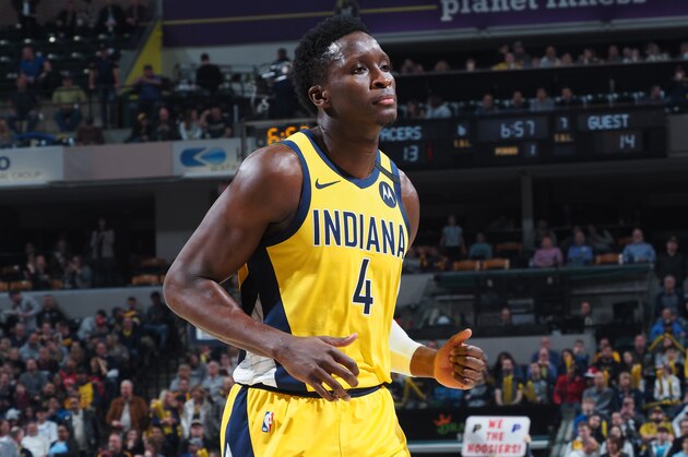 INDIANAPOLIS, IN - FEBRUARY 7:  Victor Oladipo #4 of the Indiana Pacers looks on during game against the Toronto Raptors on FEBRUARY 7, 2020 at Bankers Life Fieldhouse in Indianapolis, Indiana. NOTE TO USER: User expressly acknowledges and agrees that, by downloading and or using this Photograph, user is consenting to the terms and conditions of the Getty Images License Agreement. Mandatory Copyright Notice: Copyright 2020 NBAE (Photo by Ron Hoskins/NBAE via Getty Images)