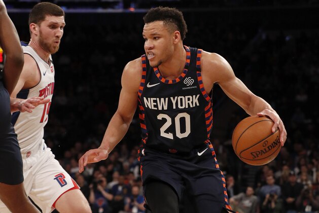 NEW YORK, NEW YORK - MARCH 08:  (NEW YORK DAILIES OUT)  Kevin Knox II #20 of the New York Knicks in action against the Detroit Pistons at Madison Square Garden on March 08, 2020 in New York City. The Knicks defeated the Pistons 96-84. NOTE TO USER: User expressly acknowledges and agrees that, by downloading and or using this photograph, User is consenting to the terms and conditions of the Getty Images License Agreement. (Photo by Jim McIsaac/Getty Images)