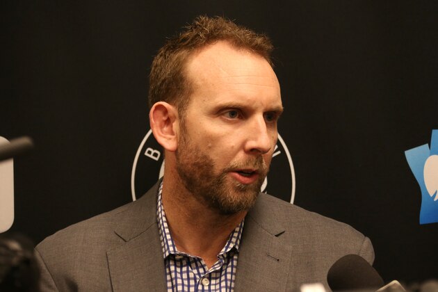 BROOKLYN, NY - FEBRUARY 8: Brooklyn Nets General Manager Sean Marks speaks with the media before the game between the Brooklyn Nets and Chicago Bulls  on February 8, 2019 at Barclays Center in Brooklyn, New York. NOTE TO USER: User expressly acknowledges and agrees that, by downloading and or using this Photograph, user is consenting to the terms and conditions of the Getty Images License Agreement. Mandatory Copyright Notice: Copyright 2019 NBAE (Photo by Nathaniel S. Butler/NBAE via Getty Images)
