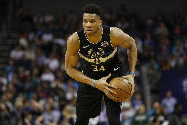 Milwaukee Bucks forward Giannis Antetokounmpo runs the offense against the Charlotte Hornets in the first half of an NBA basketball game in Charlotte, N.C., Sunday, March 1, 2020. Milwaukee won 93-85. (AP Photo/Nell Redmond)