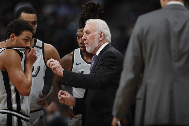 San Antonio Spurs head coach Gregg Popovich in the first half of an NBA basketball game Monday, Feb . 10, 2020, in Denver. (AP Photo/David Zalubowski) San Antonio Spurs head coach Gregg Popovich in the first half of an NBA basketball game Monday, Feb . 10, 2020, in Denver. (AP Photo/David Zalubowski)