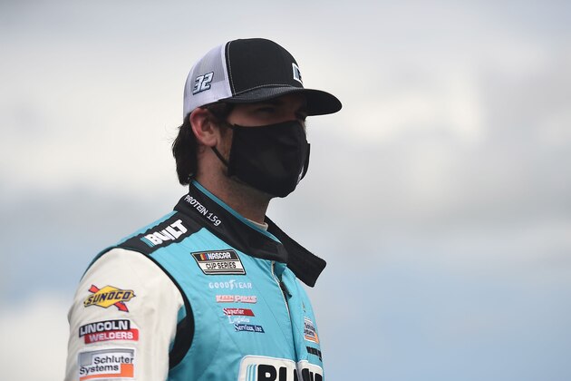 LONG POND, PENNSYLVANIA - JUNE 27: Corey LaJoie, driver of the #32 Built Bar Ford, waits on the grid prior to the NASCAR Cup Series Pocono Organics 325 in partnership with Rodale Institute at Pocono Raceway on June 27, 2020 in Long Pond, Pennsylvania. (Photo by Jared C. Tilton/Getty Images)