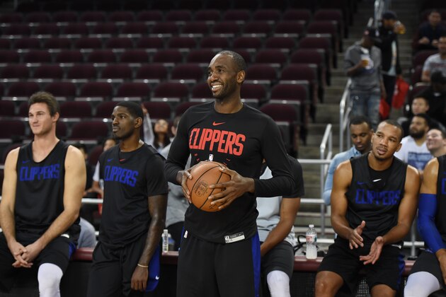 LOS ANGELES, CA - OCTOBER 08: Luc Mbah a Moute #12 of the LA Clippers looks on during an open practice at the Galen Center on October 08, 2018 in Los Angeles, California. NOTE TO USER: User expressly acknowledges and agrees that, by downloading and/or using this Photograph, user is consenting to the terms and conditions of the Getty Images License Agreement. Mandatory Copyright Notice: Copyright 2018 NBAE (Photo by Adam Pantozzi/NBAE via Getty Images)