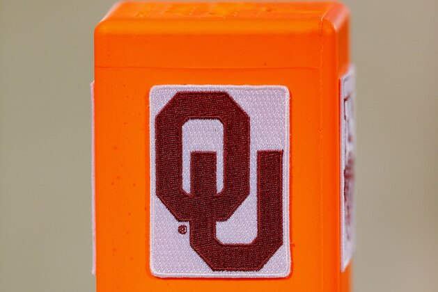 NORMAN, OK - NOVEMBER 23:  A pylon shows the Oklahoma Sooners logo in the end zone during a game against the TCU Horned Frogs on November 23, 2019 at Gaylord Family Oklahoma Memorial Stadium in Norman, Oklahoma.  OU held on to win 28-24.  (Photo by Brian Bahr/Getty Images)