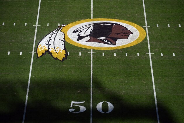 LANDOVER, MD - NOVEMBER 24: A general view of the Washington Redskins logo at center field before a game between the Detroit Lions and Redskins at FedExField on November 24, 2019 in Landover, Maryland. (Photo by Patrick McDermott/Getty Images)