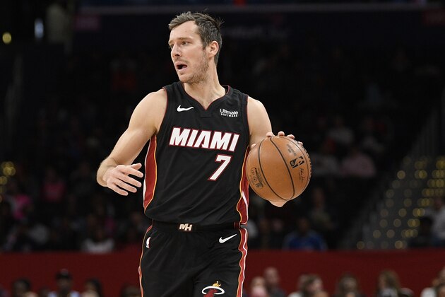 Miami Heat guard Goran Dragic (7) dribbles the ball during the first half of an NBA basketball game against the Washington Wizards, Sunday, March 8, 2020, in Washington. (AP Photo/Nick Wass)