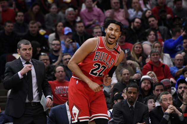 Chicago Bulls' Otto Porter Jr. (22) celebrates after making a three-point basket during the second half of an NBA basketball game against the Dallas Mavericks, Monday, March 2, 2020, in Chicago. (AP Photo/Paul Beaty)