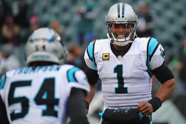 PHILADELPHIA, PA - OCTOBER 21:  Quarterback Cam Newton #1 of the Carolina Panthers laughs with teammate linebacker Shaq Green-Thompson #54 during warm-ups before taking on the Philadelphia Eagles at Lincoln Financial Field on October 21, 2018 in Philadelphia, Pennsylvania.  (Photo by Brett Carlsen/Getty Images)