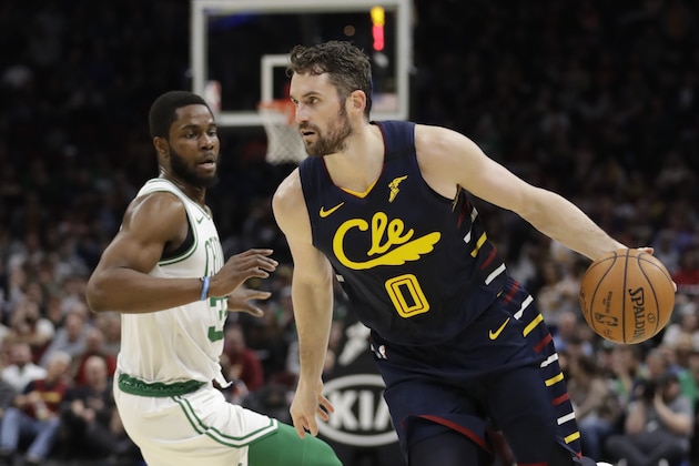 Cleveland Cavaliers' Kevin Love (0) drives against the Boston Celtics in the second half of an NBA basketball game, Wednesday, March 4, 2020, in Cleveland. (AP Photo/Tony Dejak)