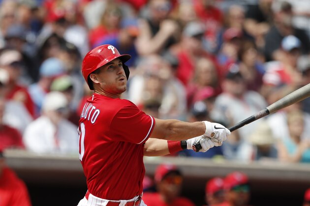 Philadelphia Phillies' J.T. Realmuto bats during a spring training baseball game, Monday, March 9, 2020, in Clearwater, Fla. (AP Photo/Carlos Osorio)