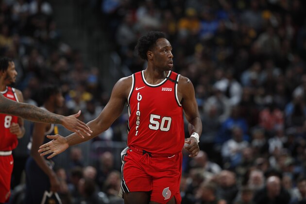 Portland Trail Blazers forward Caleb Swanigan (50) in the second half of an NBA basketball game Tuesday, Feb. 4, 2020, in Denver. The Nuggets won 127-99. (AP Photo/David Zalubowski)