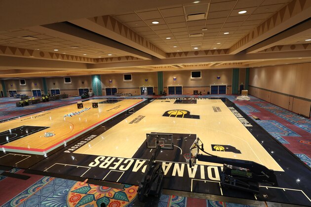 ORLANDO, FL - JULY 1: A general overall view of the installation of the practice courts as part of the NBA Restart 2020 on July 1, 2020 in Orlando, Florida. NOTE TO USER: User expressly acknowledges and agrees that, by downloading and/or using this photograph, user is consenting to the terms and conditions of the Getty Images License Agreement.  Mandatory Copyright Notice: Copyright 2020 NBAE (Photo by Joe Murphy/NBAE via Getty Images)