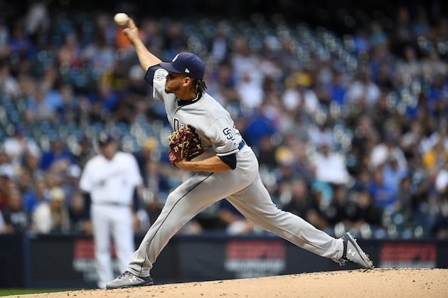 MILWAUKEE, WISCONSIN - SEPTEMBER 18:  Dinelson Lamet #29 of the San Diego Padres throws a pitch during the first inning against the Milwaukee Brewers at Miller Park on September 18, 2019 in Milwaukee, Wisconsin. (Photo by Stacy Revere/Getty Images)