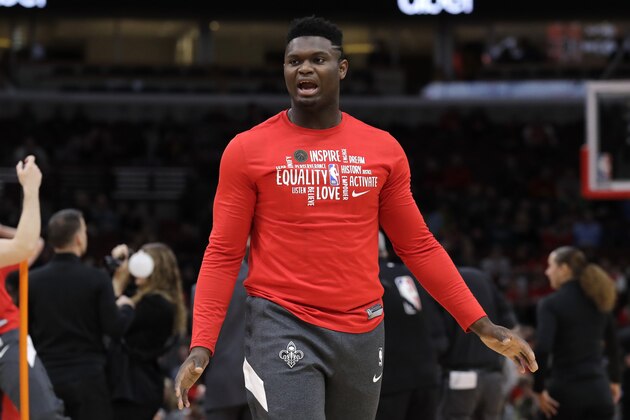 New Orleans Pelicans forward Zion Williamson warms up before an NBA basketball game against the Chicago Bulls in Chicago, Thursday, Feb. 6, 2020. (AP Photo/Nam Y. Huh)
