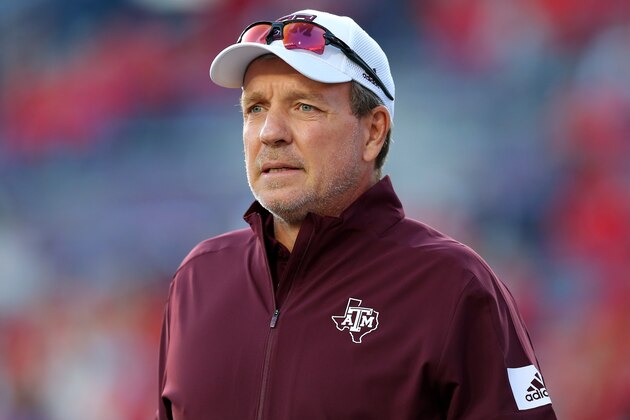 OXFORD, MISSISSIPPI - OCTOBER 19: Head coach Jimbo Fisher of the Texas A&M Aggies reacts during a game against the Mississippi Rebels at Vaught-Hemingway Stadium on October 19, 2019 in Oxford, Mississippi. (Photo by Jonathan Bachman/Getty Images) OXFORD, MISSISSIPPI - OCTOBER 19: Head coach Jimbo Fisher of the Texas A&M Aggies reacts during a game against the Mississippi Rebels at Vaught-Hemingway Stadium on October 19, 2019 in Oxford, Mississippi. (Photo by Jonathan Bachman/Getty Images)