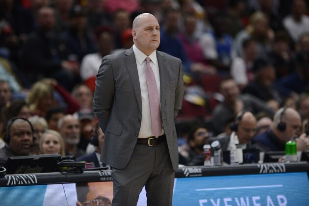 Chicago Bulls head coach Jim Boylen looks on during the first half of an NBA basketball game against the Dallas Mavericks, Monday, March 2, 2020, in Chicago. (AP Photo/Paul Beaty)