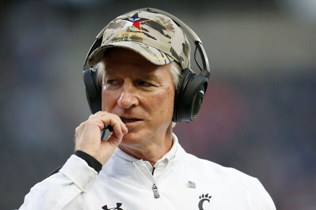 CINCINNATI, OH - NOVEMBER 5:  Head Coach Tommy Tuberville of the Cincinnati Bearcats walks off of the field after calling a timeout during the fourth quarter of the game against the BYU Cougars at Nippert Stadium on November 5, 2016 in Cincinnati, Ohio. BYU defeated Cincinnati 20-3. (Photo by Kirk Irwin/Getty Images)