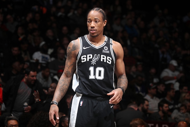 BROOKLYN, NY - MARCH 6: DeMar DeRozan #10 of the San Antonio Spurs looks on during the game against the Brooklyn Nets on March 6, 2020 at Barclays Center in Brooklyn, New York. NOTE TO USER: User expressly acknowledges and agrees that, by downloading and or using this Photograph, user is consenting to the terms and conditions of the Getty Images License Agreement. Mandatory Copyright Notice: Copyright 2020 NBAE (Photo by Nathaniel S. Butler/NBAE via Getty Images)