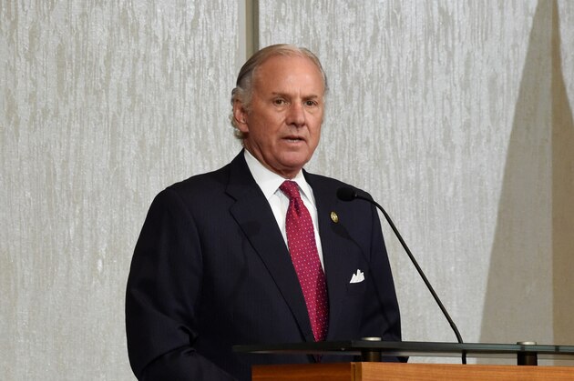 Gov. Henry McMaster addresses the initial gathering of accelerateSC, a group tasked with him on safely scaling the state's economy back up amid the new coronavirus outbreak on Thursday, April 23, 2020, in Columbia, S.C. (AP Photo/Meg Kinnard)