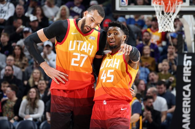 SALT LAKE CITY, UT - JANUARY 20: Rudy Gobert #27 and Donovan Mitchell #45 of the Utah Jazz talk during the game against the Indiana Pacers on January 20, 2020 at vivint.SmartHome Arena in Salt Lake City, Utah. NOTE TO USER: User expressly acknowledges and agrees that, by downloading and or using this Photograph, User is consenting to the terms and conditions of the Getty Images License Agreement. Mandatory Copyright Notice: Copyright 2020 NBAE (Photo by Melissa Majchrzak/NBAE via Getty Images)
