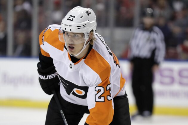 Philadelphia Flyers left wing Oskar Lindblom (23) stands on the ice during the second period of an NHL hockey game against the Florida Panthers, Tuesday, Nov. 19, 2019, in Sunrise, Fla. (AP Photo/Lynne Sladky)