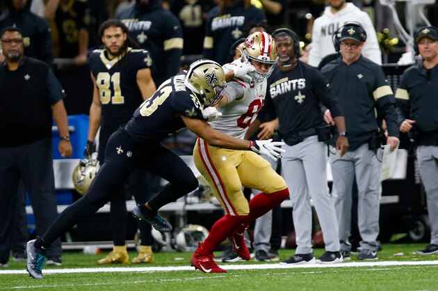 NEW ORLEANS, LA - DECEMBER 8: George Kittle #85 of the San Francisco 49ers runs after making a reception during the game against the New Orleans Saints at the Mercedes-Benz Superdome on December 8, 2019 in New Orleans, Louisiana. The 49ers defeated the Saints 48-46. (Photo by Michael Zagaris/San Francisco 49ers/Getty Images)