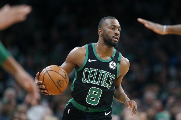 Boston Celtics' Kemba Walker plays against the Oklahoma City Thunder during the first half of an NBA basketball game, Sunday, March, 8, 2020, in Boston. (AP Photo/Michael Dwyer)