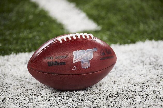 Football with 100 year logo during an NFL football game at Ford Field in Detroit, Sunday, Dec. 29, 2019. (AP Photo/Rick Osentoski)
