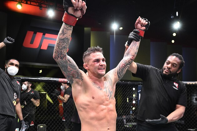 LAS VEGAS, NEVADA - JUNE 27: Dustin Poirier celebrates after his victory over Dan Hooker of New Zealand in their lightweight fight during the UFC Fight Night event at UFC APEX on June 27, 2020 in Las Vegas, Nevada. (Photo by Chris Unger/Zuffa LLC)