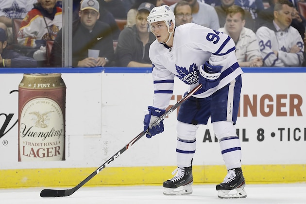 SUNRISE, FLORIDA - FEBRUARY 27:  Tyson Barrie #94 of the Toronto Maple Leafs looks on against the Florida Panthers during the third period at BB&T Center on February 27, 2020 in Sunrise, Florida. (Photo by Michael Reaves/Getty Images)