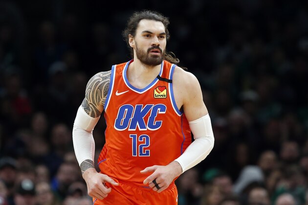 Oklahoma City Thunder's Steven Adams plays against the Boston Celtics during an NBA basketball game, Sunday, March, 8, 2020, in Boston. (AP Photo/Michael Dwyer)