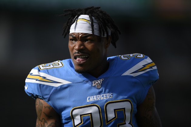 Los Angeles Chargers free safety Derwin James watches during warm ups before an NFL football game against the Oakland Raiders Sunday, Dec. 22, 2019, in Carson, Calif. (AP Photo/Kelvin Kuo)