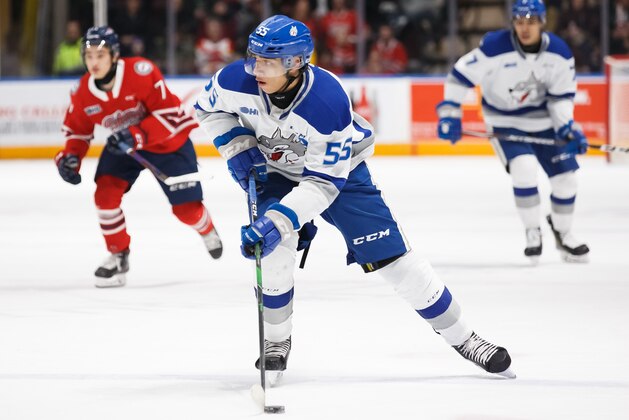 OSHAWA, ON - FEBRUARY 7: Quinton Byfield #55 of the Sudbury Wolves skates with the puck during an OHL game against the Oshawa Generals at the Tribute Communities Centre on February 7, 2020 in Oshawa, Ontario, Canada.  (Photo by Chris Tanouye/Getty Images)