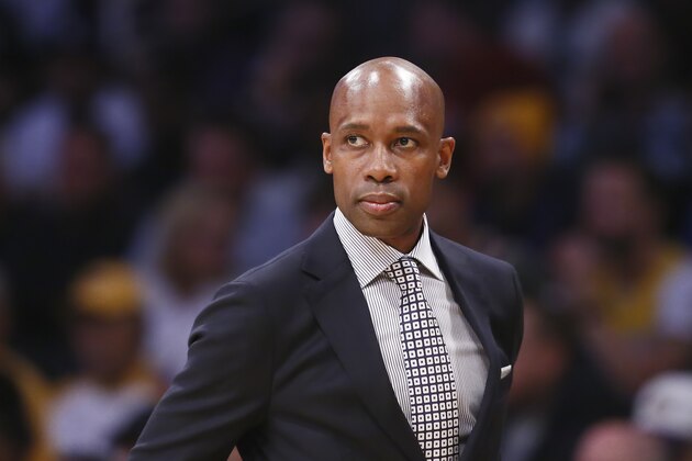 LOS ANGELES, CA - MARCH 10: Head Coach Jacque Vaughn of the Brooklyn Nets looks on against the Los Angeles Lakers during a game at the Staples Center on March 10, 2020 in Los Angeles, CA. NOTE TO USER: User expressly acknowledges and agrees that, by downloading and or using this photograph, User is consenting to the terms and conditions of the Getty Images License Agreement. Mandatory Credit: 2020 NBAE (Photo by Chris Elise/NBAE via Getty Images)