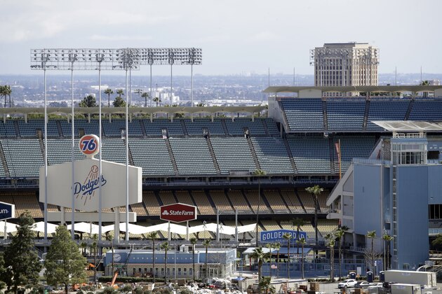 The exterior of Dodgers Stadium, home of the Los Angeles Dodgers is seen Wednesday, March 25, 2020, in Los Angeles. There will be empty ballparks on what was supposed to be Major League Baseball's opening day, with the start of the Major League Baseball regular season indefinitely on hold because of the coronavirus pandemic. (AP Photo/Marcio Jose Sanchez)