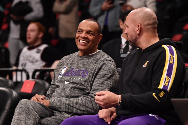 BROOKLYN, NY - JANUARY 23: Assistant Coaches Lionel Hollins and Jason Kidd of the Los Angeles Lakers talk prior to a game on January 23, 2020 at Barclays Center in Brooklyn, New York. NOTE TO USER: User expressly acknowledges and agrees that, by downloading and or using this Photograph, user is consenting to the terms and conditions of the Getty Images License Agreement. Mandatory Copyright Notice: Copyright 2020 NBAE (Photo by David Dow/NBAE via Getty Images)