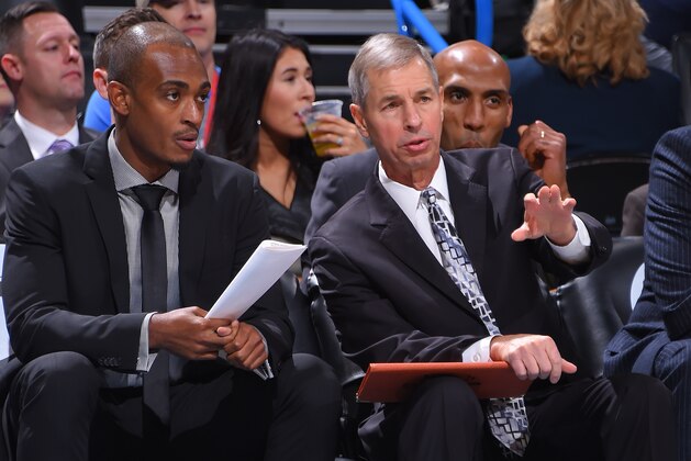 OKLAHOMA CITY, OK- NOVEMBER 2: Assistant Coaches, Jamelle McMillan and Jeff Bzdelik of the New Orleans Pelicans share a conversation during the game against the Oklahoma City Thunder on November 2, 2019 at Chesapeake Energy Arena in Oklahoma City, Oklahoma. NOTE TO USER: User expressly acknowledges and agrees that, by downloading and or using this photograph, User is consenting to the terms and conditions of the Getty Images License Agreement. Mandatory Copyright Notice: Copyright 2019 NBAE (Photo by Bill Baptist/NBAE via Getty Images)