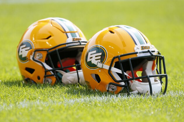 TORONTO, ON - SEPTEMBER 16: Edmonton Eskimos helmets lined up during the warm up against the Toronto Argonauts at BMO field on September 16, 2017 in Toronto, Ontario, Canada. Toronto defeated Edmonton 36-24. (Photo by John E. Sokolowski/Getty Images)
