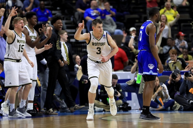 JACKSONVILLE, FLORIDA - MARCH 21:  Fletcher Magee #3 of the Wofford Terriers reacts in the second half against the Seton Hall Pirates during the first round of the 2019 NCAA Men's Basketball Tournament at Jacksonville Veterans Memorial Arena on March 21, 2019 in Jacksonville, Florida. (Photo by Mike Ehrmann/Getty Images)