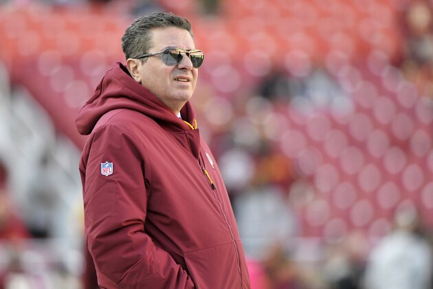 Washington Redskins owner Dan Snyder stands on the field prior to an NFL football game between the Dallas Cowboys and Washington Redskins, Sunday, Oct. 21, 2018, in Landover, Md. (AP Photo/Mark Tenally)