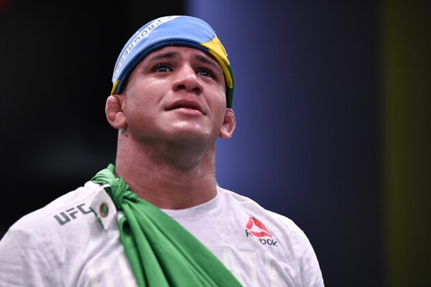 LAS VEGAS, NEVADA - MAY 30: Gilbert Burns of Brazil reacts after his victory over Tyron Woodley in their welterweight fight during the UFC Fight Night event at UFC APEX on May 30, 2020 in Las Vegas, Nevada. (Photo by Jeff Bottari/Zuffa LLC)