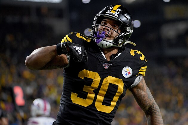 PITTSBURGH, PA - DECEMBER 15: James Conner #30 of the Pittsburgh Steelers reacts after an 11-yard touchdown reception in the third quarter during the game against the Buffalo Bills at Heinz Field on December 15, 2019 in Pittsburgh, Pennsylvania. (Photo by Justin Berl/Getty Images)