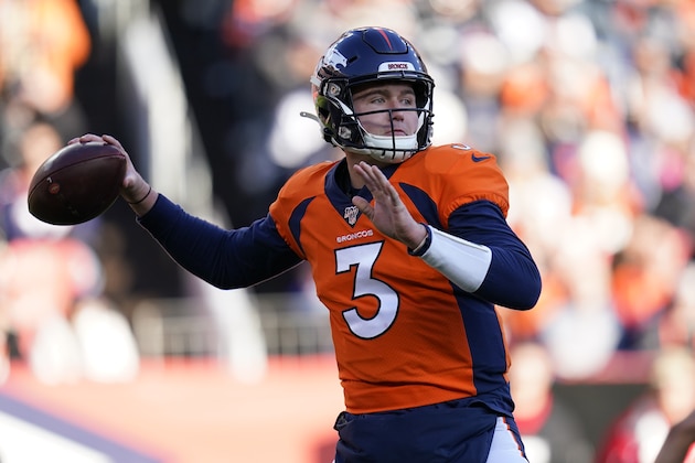 Denver Broncos quarterback Drew Lock throws a pass during the first half of an NFL football game against the Oakland Raiders, Sunday, Dec. 29, 2019, in Denver. (AP Photo/Jack Dempsey)