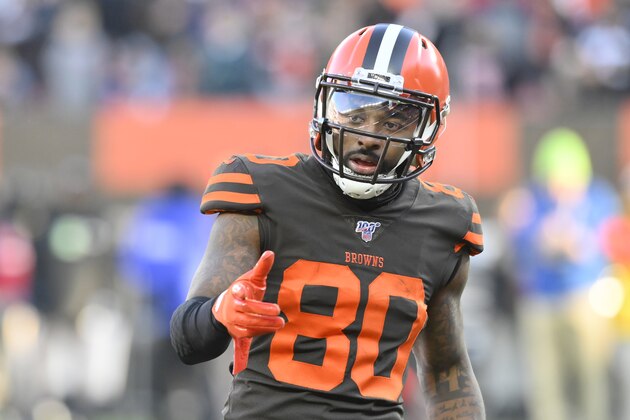 Cleveland Browns wide receiver Jarvis Landry (80) lines up during an NFL football game against the Baltimore Ravens, Sunday, Dec. 22, 2019, in Cleveland. The Ravens won 31-15. (AP Photo/David Richard)