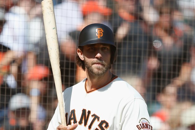 SAN FRANCISCO, CALIFORNIA - SEPTEMBER 29: Madison Bumgarner #40 of the San Francisco Giants walks to the plate to bat against the Los Angeles Dodgers at Oracle Park on September 29, 2019 in San Francisco, California. (Photo by Lachlan Cunningham/Getty Images)