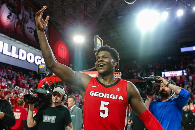 ATHENS, GA - FEBRUARY 19: Anthony Edwards #5 of the Georgia Bulldogs reacts following the Georgia Bulldogs win over the Auburn Tigers 65-55 at Stegeman Coliseum on February 19, 2020 in Athens, Georgia. (Photo by Carmen Mandato/Getty Images)